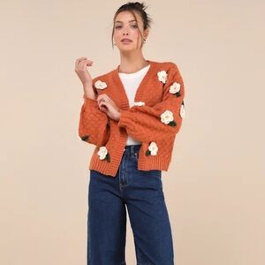 Lulus Chosen Charm Rust Orange Knit Embroidered Cardigan Sweater Size Small